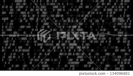 Displaying binary waveform glitching across digital environment, with scattered white digits 134096801