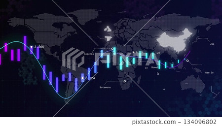 Dotted world map displaying purple and cyan bar charts on dark grid interface, with numeric labels Dotted world map displaying purple and cyan bar charts on dark grid interface, with numeric labels 134096802