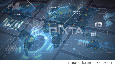 Futuristic map interface displaying hexagonal grids and data markers in virtual command dashboard Futuristic map interface displaying hexagonal grids and data markers in virtual command dashboard 134096803