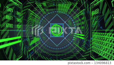 Central circular data hub rotating in neon tunnel, with floating holograms, numeric streams 134096813