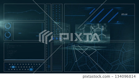 Displaying futuristic digital interface screen at workstation, with line graph, gauges, code window Displaying futuristic digital interface screen at workstation, with line graph, gauges, code window 134096814