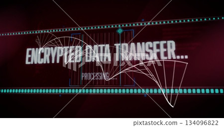 Digital interface display showing encrypted data transfer in dark red environment, with data nodes Digital interface display showing encrypted data transfer in dark red environment, with data nodes 134096822