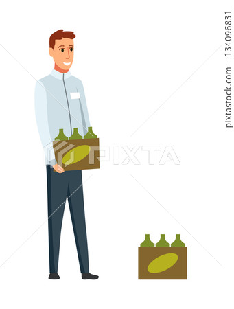 Olive oil delivery man flat vector illustration. Male courier in uniform carrying box with extra virgin oil bottles cartoon character. Deliveryman holding organic extracted bottled 134096831