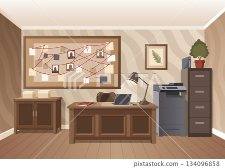 Detective office interior. Crime and criminal evidence. Wall board, wits and deduction system. Vector flat style cartoon illustration isolated on white background 134096858