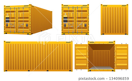 Logistic cargo containers. Front, side back and perspective view. Shipping, transportation and delivery concept. Realistic 3d templates isolated on white background 134096859