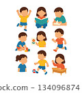 Cute Kids Activity Illustration Set - Children Playing, Reading, Studying, and Classroom Actions Vector 134096874