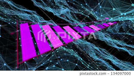 Floating magenta 3D bars receding in dark virtual data space, with azure nodes and dotted line Floating magenta 3D bars receding in dark virtual data space, with azure nodes and dotted line 134097000