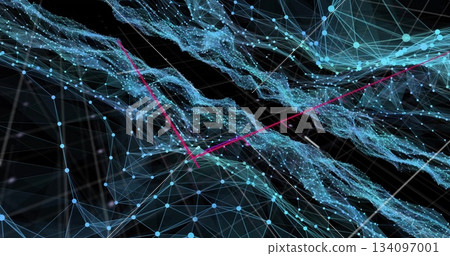 Displaying blue nodes converging with particle streams and pink arrows in digital wireframe mesh Displaying blue nodes converging with particle streams and pink arrows in digital wireframe mesh 134097001