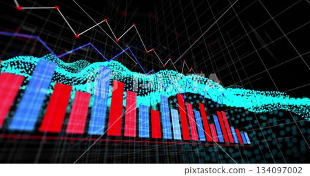 Presenting layered data visualization in 3D space, with red blue bars, teal wave, line graphs 134097002