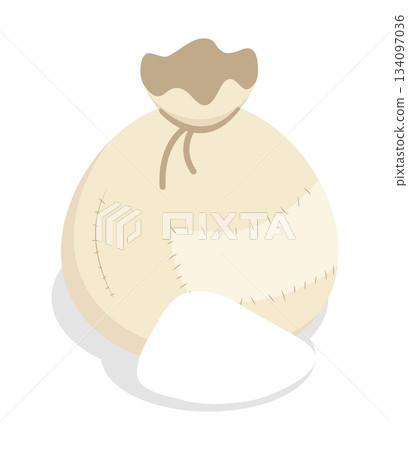 Isometric cloth bag containing finely ground flour, rye groats, sugar or salt. Isolated cartoon vector on white background top view 134097036