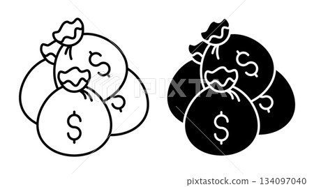 Linear isometric icon. Bags of money piled up. Simple vector isolated on white background 134097040