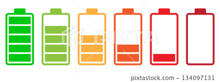 Battery Charge Level Indicator Set. Simple battery icons representing various charge levels, from full to empty, in vibrant colors. Ideal for energy, technology, or power related concepts. PNG. Vector 134097131