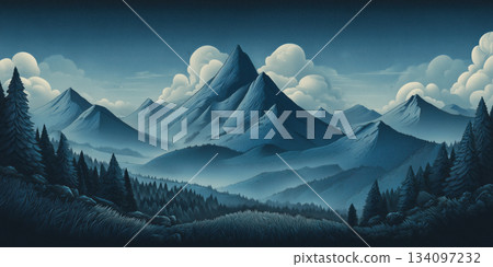 Mountain peaks with snow and trees. Clouds float in the blue sky. 134097232