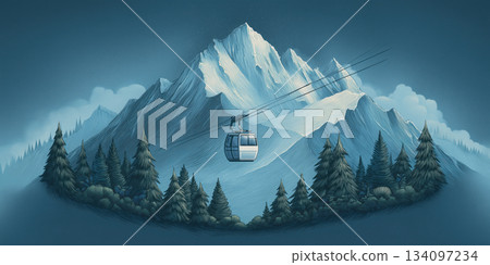 Mountain peaks with snow and trees. Clouds float in the blue sky. 134097234