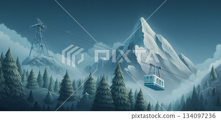 Mountain peaks with snow and trees. Clouds float in the blue sky. 134097236