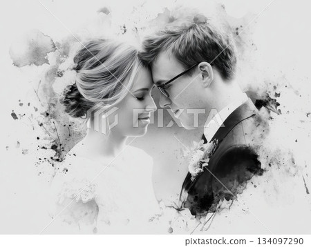 Bride and groom touch foreheads gently. Black and white sketch style with ink splashes. Bride and groom touch foreheads gently. Black and white sketch style with ink splashes. 134097290
