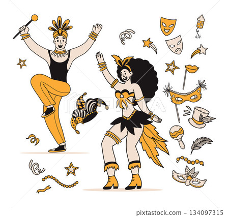 Carnival Cheerful Dancers Girl and Man in vibrant Costumes with festive accessories. Masquerade, Party Celebration collection. Isolated Hand-drawn Color Doodle. Vector Illustration. Not AI 134097315