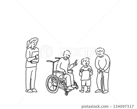 Child showing drawing to elderly person in wheelchair, with cane, nurse, female helper, line drawing 134097317
