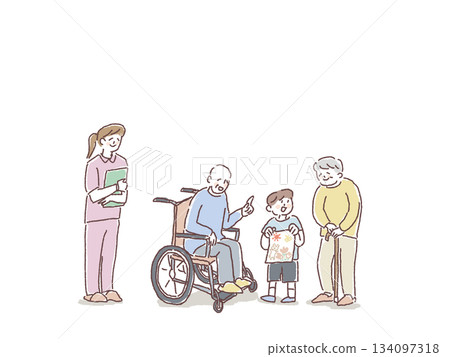 Children showing drawings to elderly people in wheelchairs and with canes, nurses and female helpers 134097318