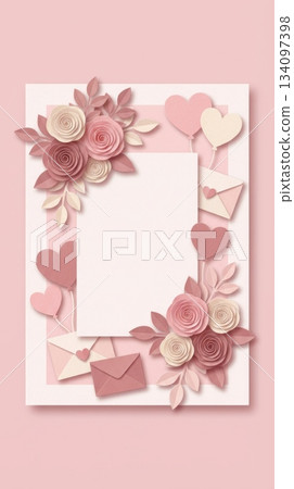 Valentine Postcard with Paper Rose Bouquet, Envelope, and Heart Balloons Valentine Postcard with Paper Rose Bouquet, Envelope, and Heart Balloons 134097398