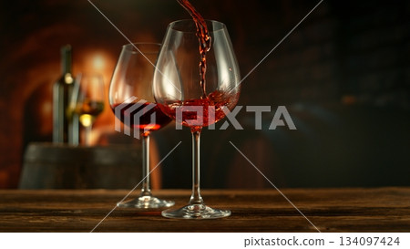 Close-up of red wine pouring into glass , old cellar environment 134097424