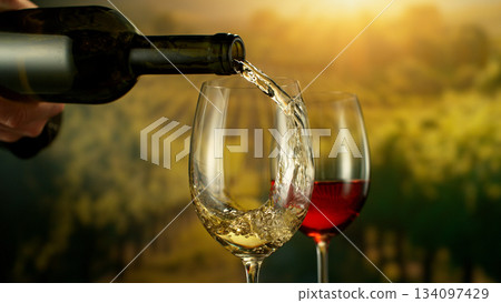 Close-up of white wine pouring into glass , sunny vineyard in background Close-up of white wine pouring into glass , sunny vineyard in background 134097429
