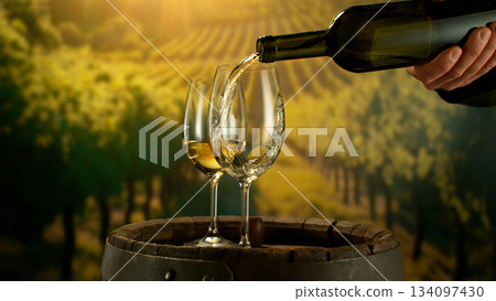 Close-up of white wine pouring into glass , sunny vineyard in background 134097430