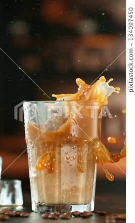 Macro Shot of Splashing Ice Coffee in a cafe, Close-up Macro Shot of Splashing Ice Coffee in a cafe, Close-up 134097450