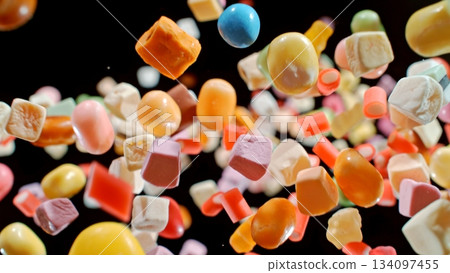 Freeze motion of flying candies up in the air isolated on black background 134097455