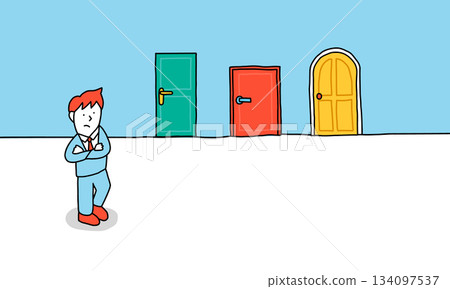 Three Choices Illustration of a businessman hesitating in front of three doors to make an important choice Three Choices Illustration of a businessman hesitating in front of three doors to make an important choice 134097537