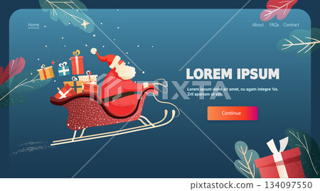 Santa Christmas sleigh with gifts festive winter background snow blue website landing page template 134097550
