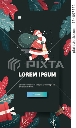 Santa Claus Christmas celebration running with gift sack festive foliage dark background mobile app screen template Santa Claus Christmas celebration running with gift sack festive foliage dark background mobile app screen template 134097551