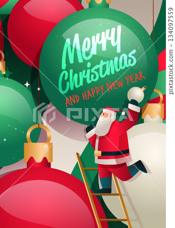 Santa Merry Christmas New Year 2026 festive celebration Santa Claus on ladder decorating with colorful ornaments red green background holiday scene Santa Merry Christmas New Year 2026 festive celebration Santa Claus on ladder decorating with colorful ornaments red green background holiday scene 134097559