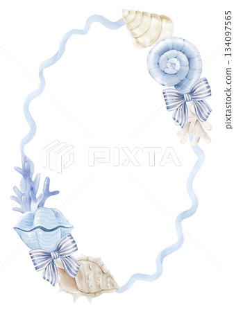 Watercolor oval frame with blue seashells, ribbons and marine decor. Isolated template for beach wedding stationery, summer invitations, nautical cards, posters, scrapbooking, nursery, coastal design. 134097565