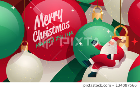 Santa Christmas New Year 2026 celebration festive scene with Santa sitting on ornament surrounded by colorful baubles and sparkling decorations Santa Christmas New Year 2026 celebration festive scene with Santa sitting on ornament surrounded by colorful baubles and sparkling decorations 134097566