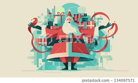 Santa Christmas New Year 2026 celebration festive scene with Santa Claus surrounded by gift boxes abstract geometric background modern holiday concept Santa Christmas New Year 2026 celebration festive scene with Santa Claus surrounded by gift boxes abstract geometric background modern holiday concept 134097571