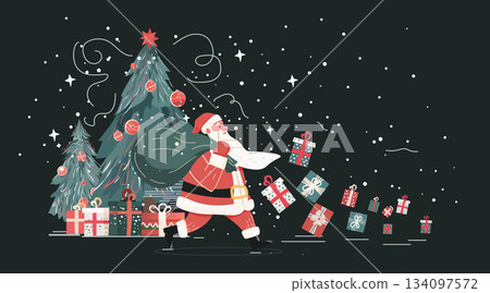 Santa Christmas gift delivery festive night snowy scene decorated trees falling presents stars holiday design 134097572