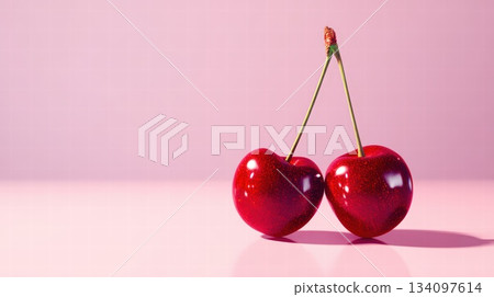 Two Cherries Joined by Stems on Soft Pink Background  Fresh, Bright Still Life 134097614