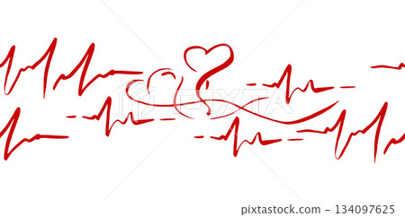 Playful heart shapes with long swirling tails and heartbeat line traces repeating border line. Hand drawn in pen and ink, vector seamless banner. Love theme, event invitation frame, cute decoration. 134097625