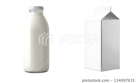 白色背景上的牛奶瓶和紙盒 134097635