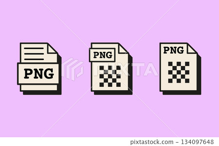 PNG image file icons with pixel grid pattern in retro vaporwave aesthetic. Raster graphics format symbols for digital design, photo editing, and web development interface. Vector illustration. PNG image file icons with pixel grid pattern in retro vaporwave aesthetic. Raster graphics format symbols for digital design, photo editing, and web development interface. Vector illustration. 134097648