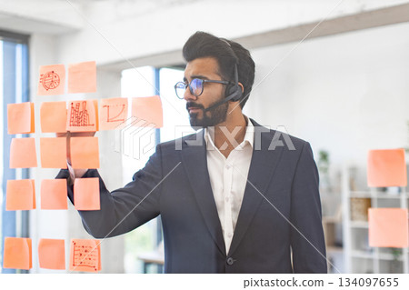 An Arab businessman wearing a headset reviews sticky notes with charts and graphs on a glass wall An Arab businessman wearing a headset reviews sticky notes with charts and graphs on a glass wall 134097655