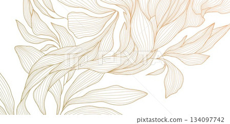 Elegant gold floral pattern background, delicate line leaves, botanical shapes. Luxury vector illustration, tropical elements, vintage art deco curves, premium botanical design Elegant gold floral pattern background, delicate line leaves, botanical shapes. Luxury vector illustration, tropical elements, vintage art deco curves, premium botanical design 134097742