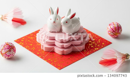 新年插畫，畫的是一隻可愛的兔子形狀的鏡餅，放在一塊紅布上。 134097743
