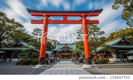 一張紅色鳥居和通往神社路上的自然風光的照片。 一張紅色鳥居和通往神社路上的自然風光的照片。 134097745