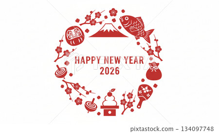 日式風格的相框，飾以圓形紅梅花圖案。 134097748