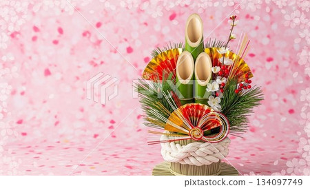 粉紅色背景上的華麗門松新年裝飾品 粉紅色背景上的華麗門松新年裝飾品 134097749