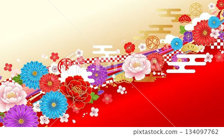 金色背景上飾以紅白相間的日式圖案，設計精美絕倫。 134097762