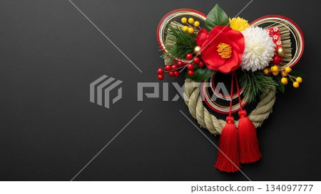 黑色背景上的精美注連繩和新年裝飾的優雅構圖 黑色背景上的精美注連繩和新年裝飾的優雅構圖 134097777