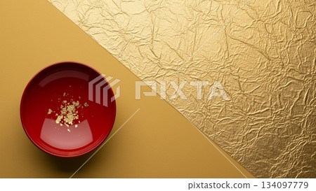 一幅優雅的日式畫作，描繪了一個紅色漆碗置於金色和紙背景之上。 134097779